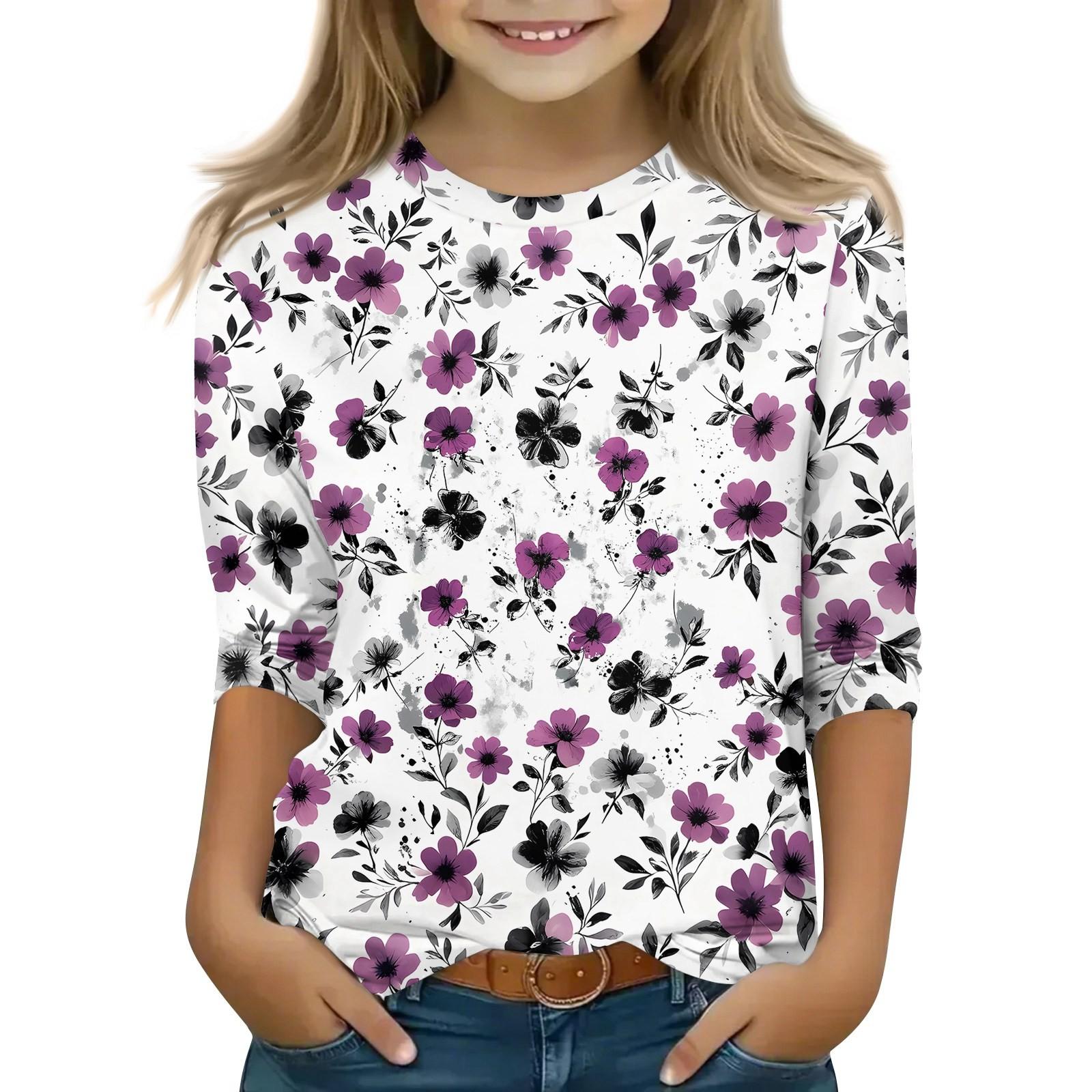 

Children s 3/4 Sleeve Tops Casual Print T Shirt Round Neck Pullover Blouse 160 фиолетовый