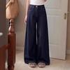Women's Plus Size Dark Blue Retro Wide-Leg High-Waisted Jeans - Autumn/Winter Straight-Leg Floor-Length with Plush Lining