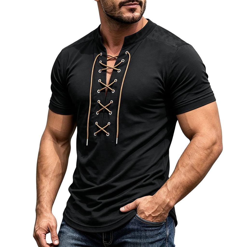 Men's Retro Casual Short Sleeve V-Neck Lace-Up Shirt