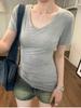 WhiteV-Neckshort Sleeve T-Shirt Women's Casual Loose-Fit Waist-Fitted Top Korean Style Polyester Fiber Summer Clothing