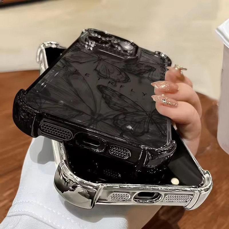 Black Beautiful Butterfly Plating Phone Case For iPhone 16 15 14 13 12 11 Pro Max X XR XSMax 7 8 Plus Anti-Fall Airabag Back