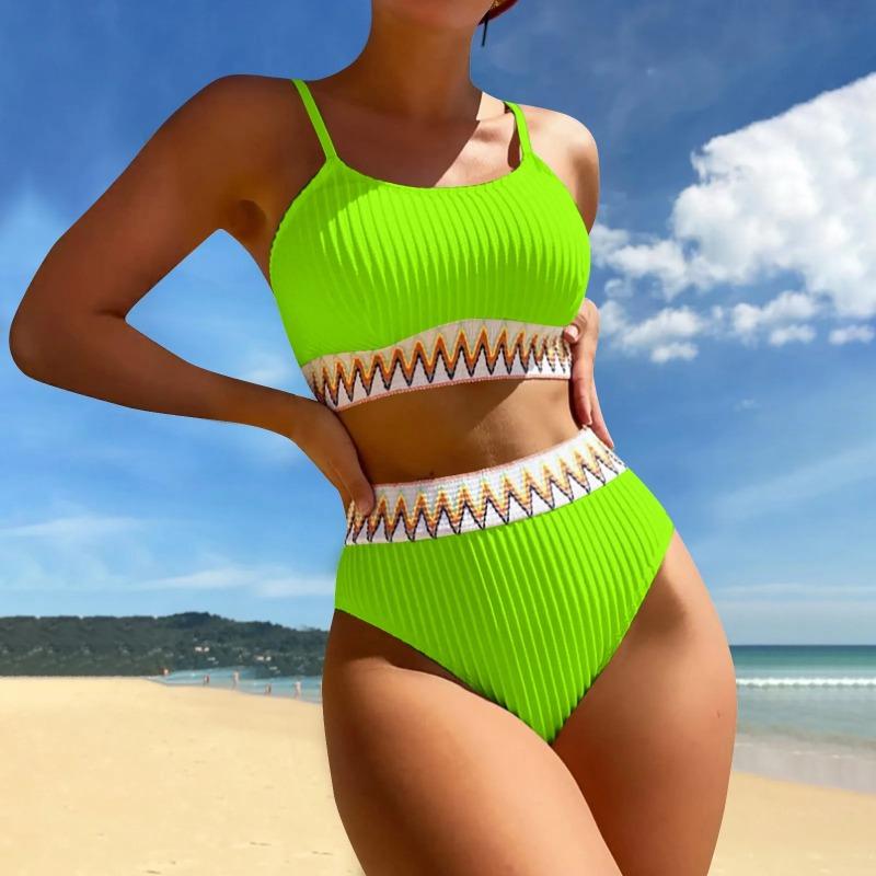 Women'S High Waist Bikini Set V Neck Two Piece Swimsuit Color Block Front Twisted Swimsuit
