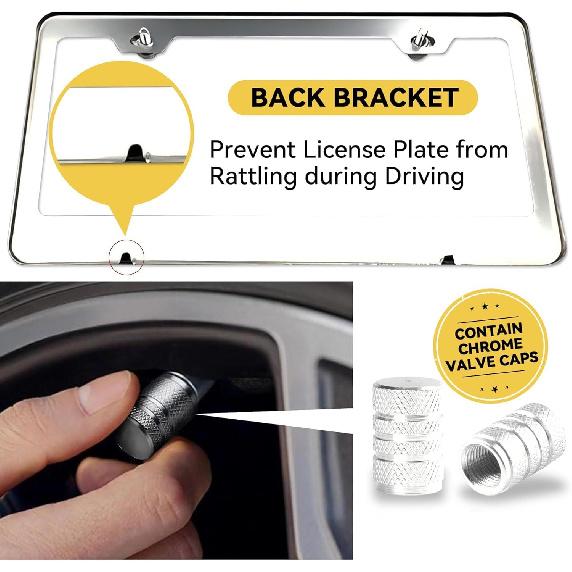 Mirror Polished Heavy Duty Stainless Steel License Plate Frame With Chrome Screw Caps, 2 Holes Rust-Proof Chrome-Like Finish Stainless Steel License