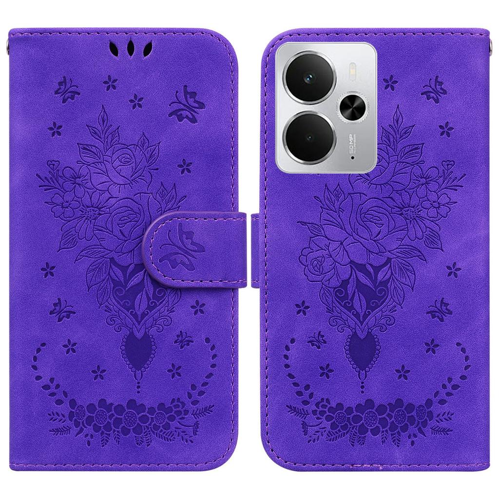 For Realme 14 5G Case PU Leather Wallet Phone Cover Butterfly Flower Imprint