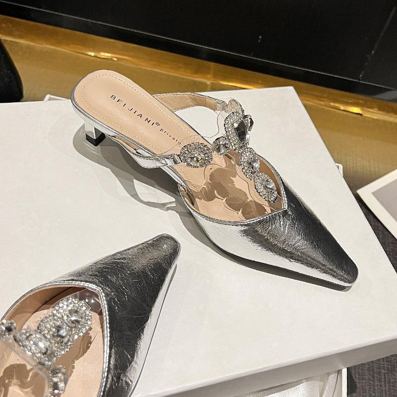 Beautiful Silver Half Slippers Celebrity Rhinestone T-belt Hollow Bag Head Sandals Temperament High Heels