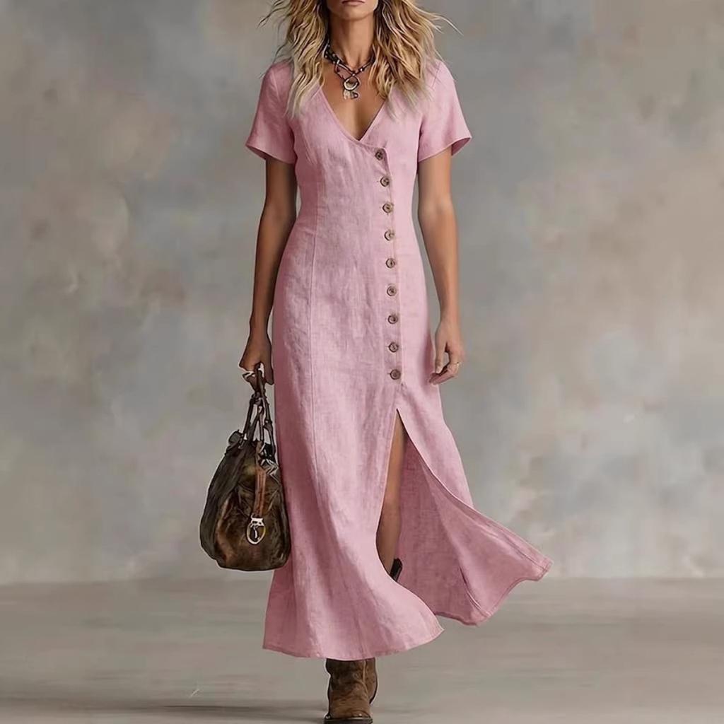 Summer Spring Cotton Linen Midi Dress, Casual Fashion Short Sleeve Button Dress for Women, European American Style Wholesale