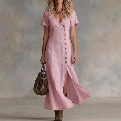 Summer Spring Cotton Linen Midi Dress, Casual Fashion Short Sleeve Button Dress for Women, European American Style Wholesale