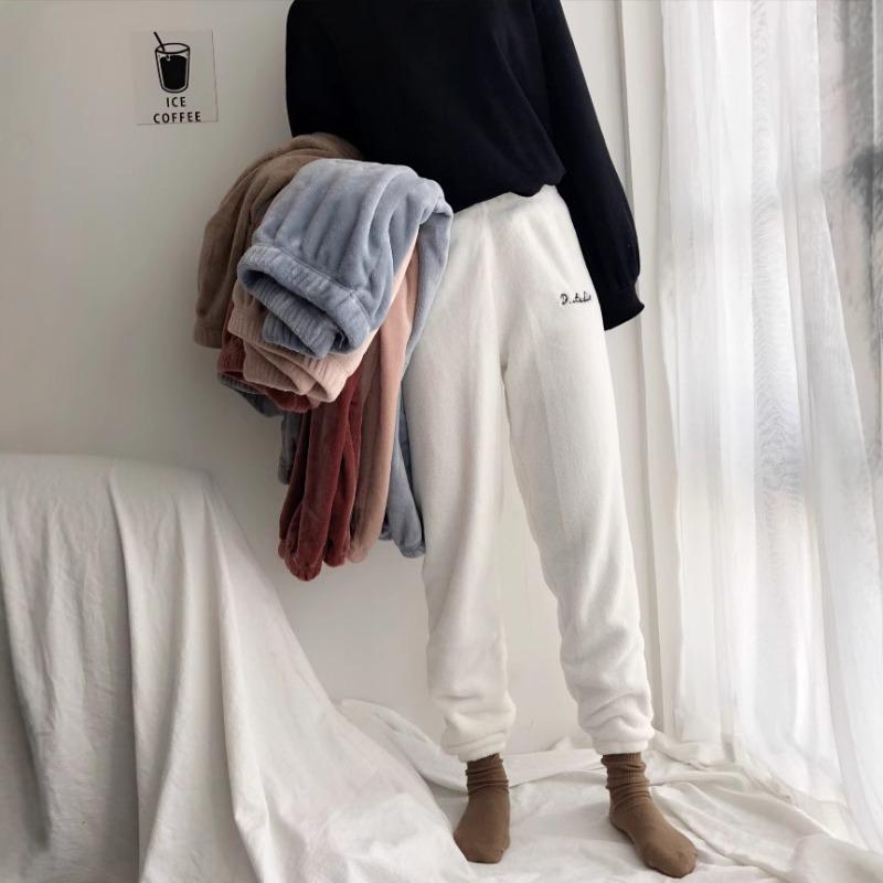 Leisure Thermal Pants Women Korean Fluffy Coral Fleece Lounge Pants Warm Soft Sleeping Pants for Home Travel Winter