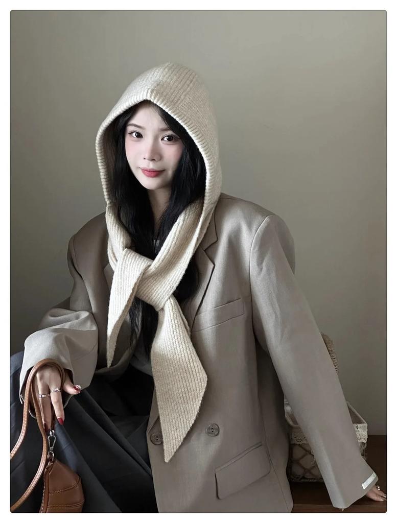 Autumn Winter Women Knitted Hat Scarf Set Ins Style Balaclava Beanie Windproof Warm Plush Hood Outdoor Cycling Christmas Gift