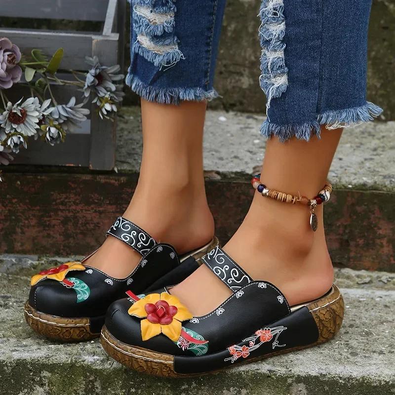 Women's Tribal Style Flower Platform Mules, Floral Print Wedge Heeled Clogs, Closed Toe Shoes