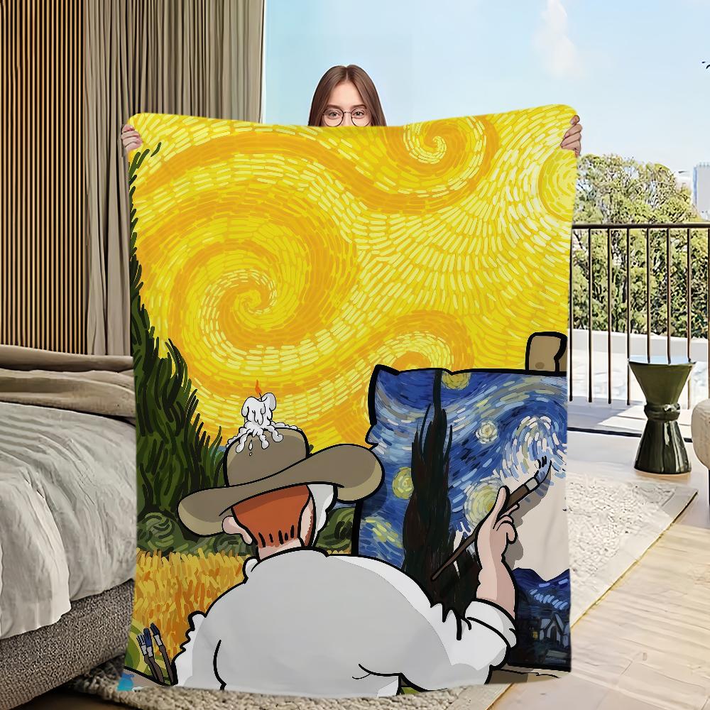 Vintage Starry Sky Painting Flannel Warm Soft Plush Blanket Sofa Living Room Hogar V-Van Gogh Office Bedroom Travel Gift Home