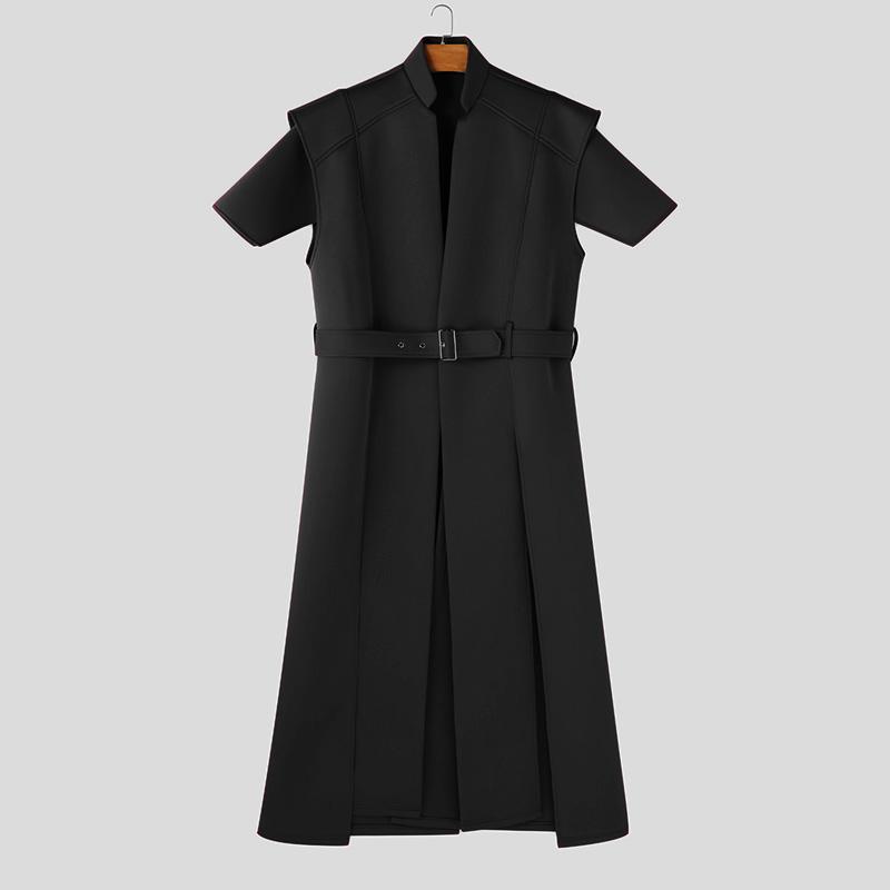 

INCERUN Мужские топы без рукавов с воротником-стойкой и поясом, длинные, повседневные туники, футболки 4XL