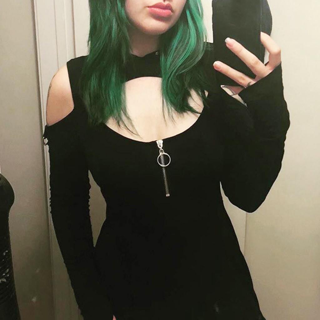 Damenmode Gothic-Farbe mit Kapuze, tief geschnitten, kalte Schulter, Reißverschlusskleid