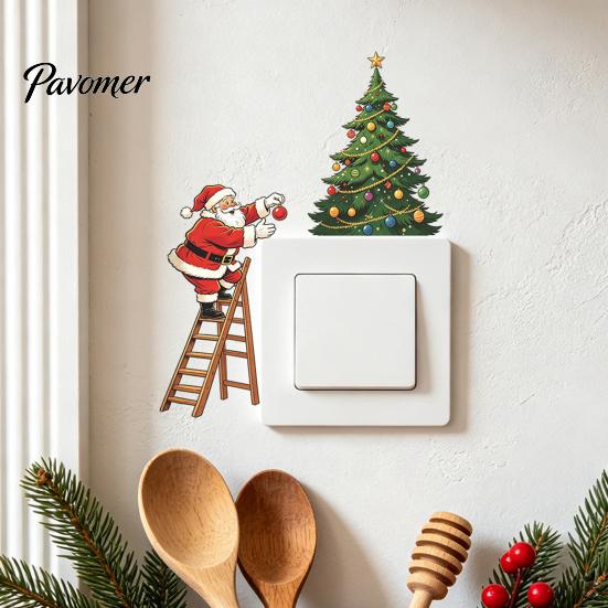Holiday Interior Ornaments Christmas Santa Claus Light Switch Sticker, Waterproof PVC Decal, Self Seasonal Room Decorations Adhesive Wall Art