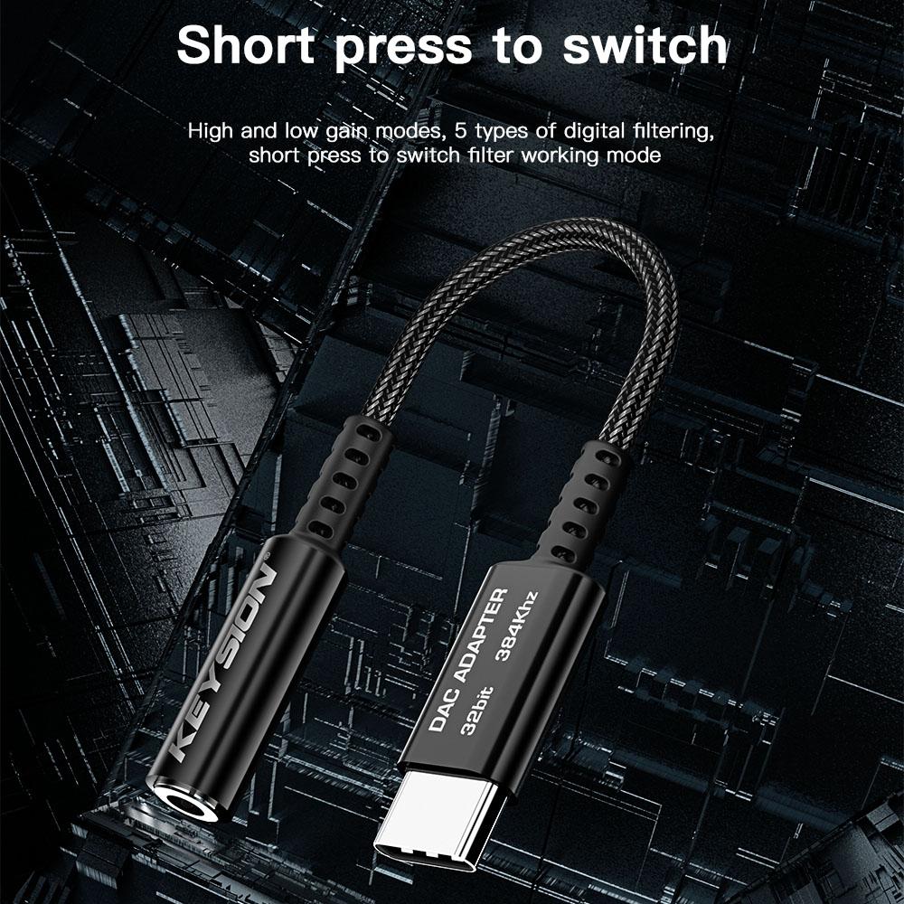 KEYSION Adjust EQ Type-C To 3.5mm USB DAC Audio HiFi Decoder 32bit/384kHz ADC 48kHz HD Headphone Amplifier for Android iOS Win10