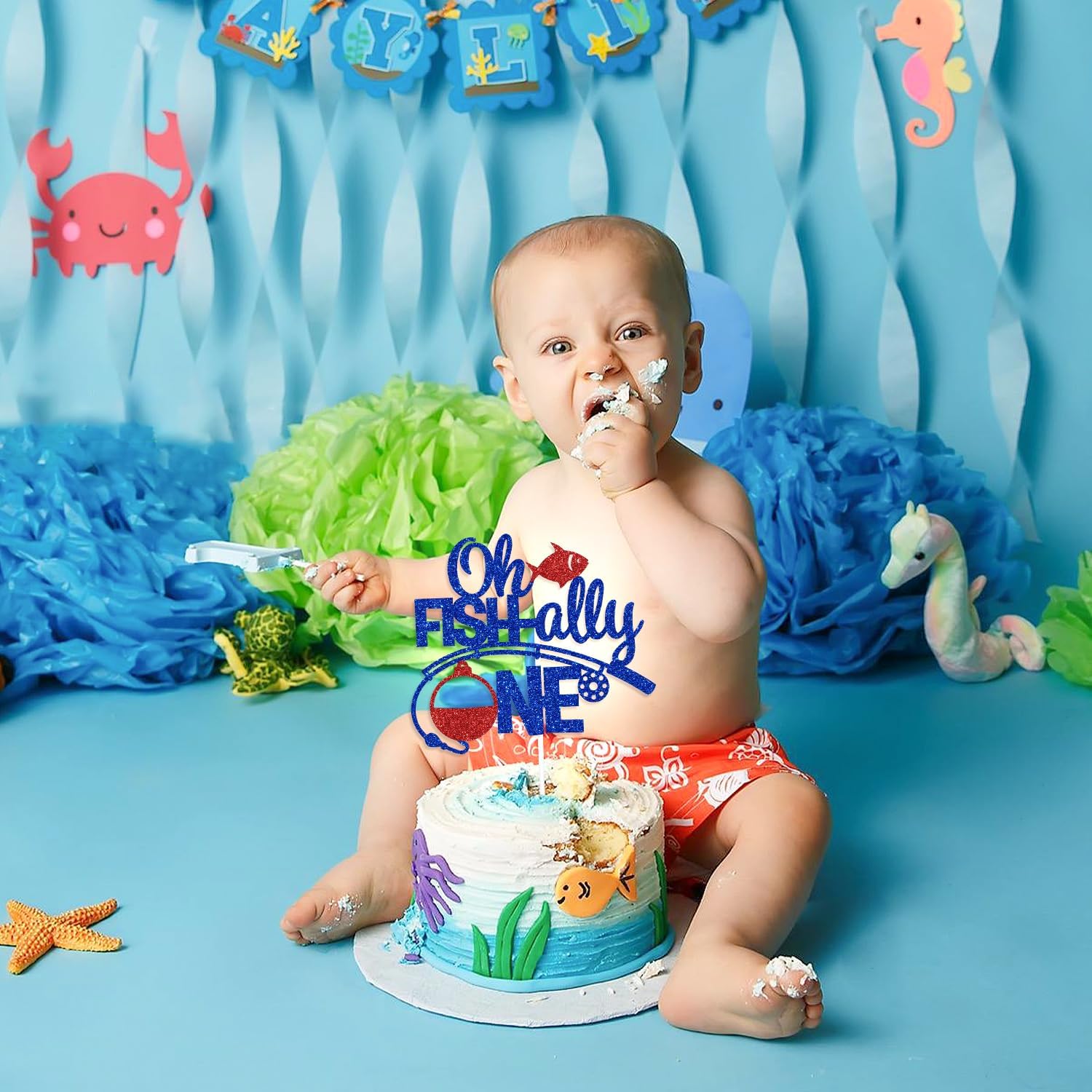 Oh Fish-lly One Cake Topper, the Big One 1st Birthday Cake Decor, Kids Little Fisherman 1st Birthday Party Decorations Supplies