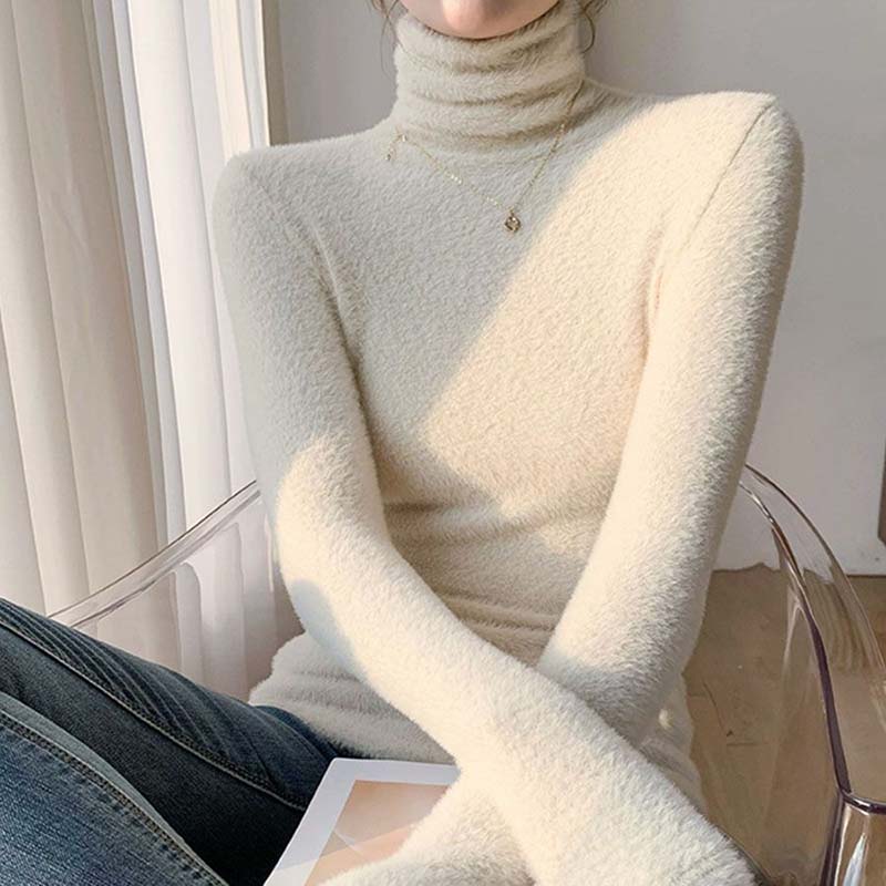 Sweater for Women Autumn Winter Thickened Warm Knitted Stretchy Long Sleeve High-neck Tops