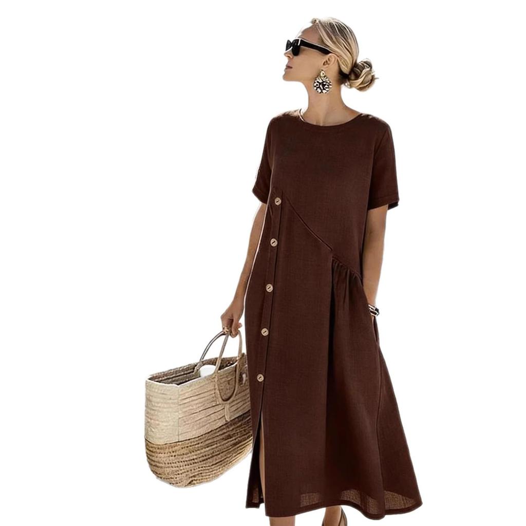2026 Stylish Casual Midi Dress with Button Accents and Pleated Pockets