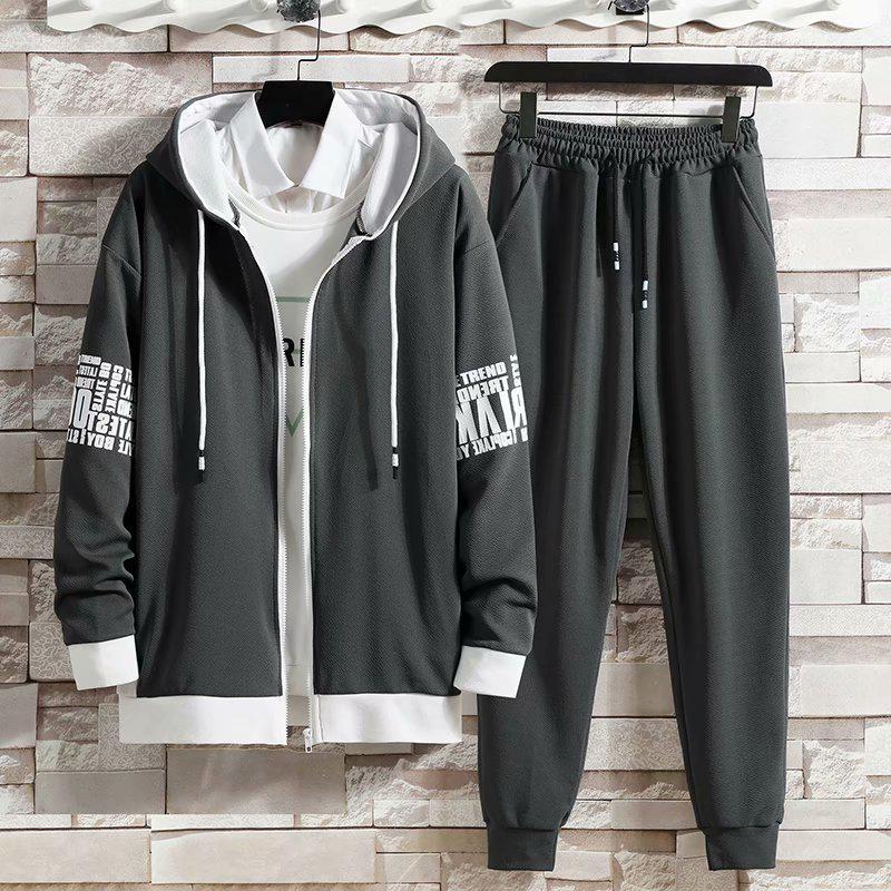 Traje de suéter de otoño de estilo coreano de moda para hombre: Conjunto de cárdigan holgado, chaqueta con capucha y pantalón informal