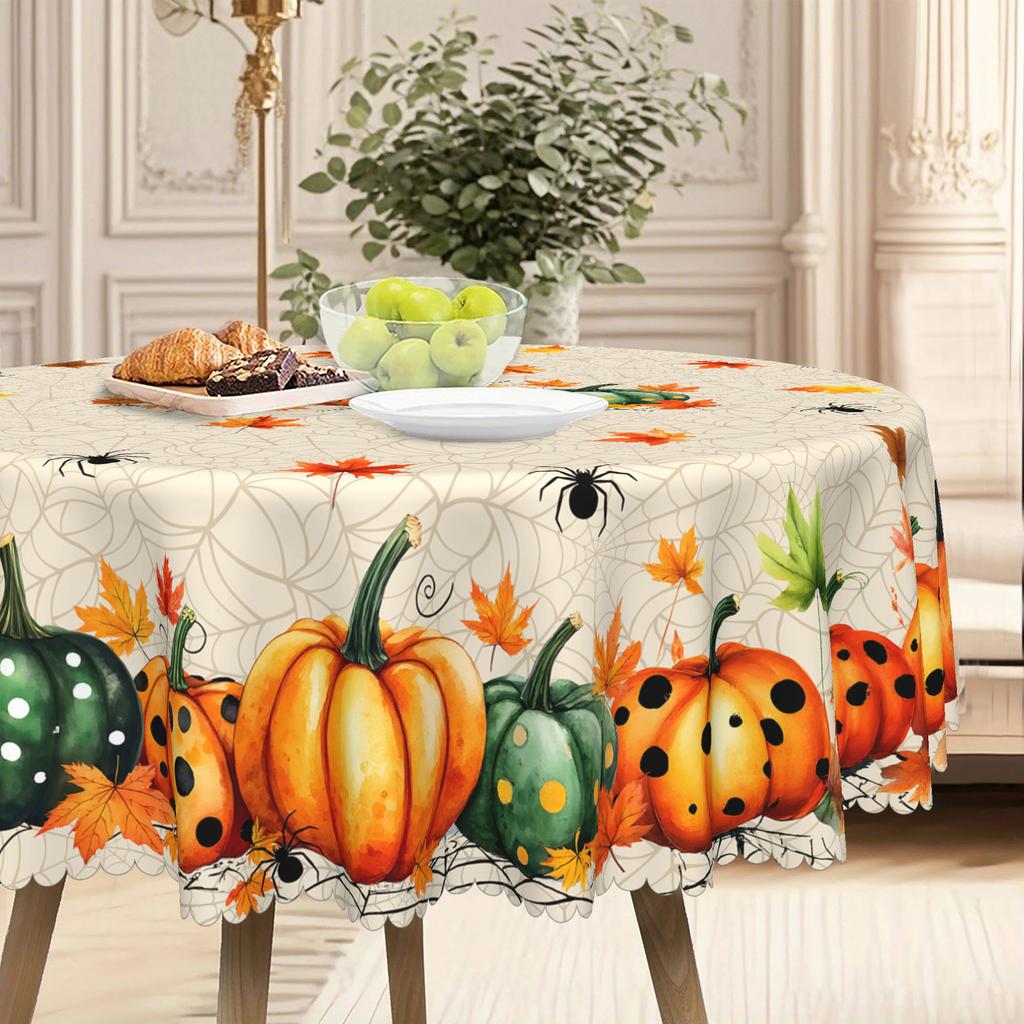 1 Halloween Tablecloth, Pumpkin Twine Halloween Round Tablecloth, Pumpkin Spider Web Spider Bat Pattern