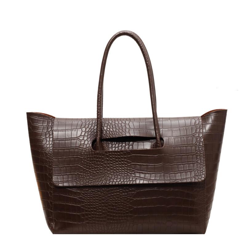 Color Simple Solid Crocodile Texture Women Large Capacity Shoulder Bag Tote