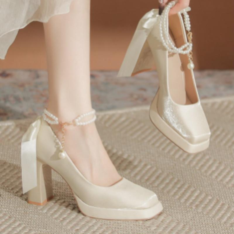 Off-White Satin Platform Mary Jane Heels with Square Toe for Spring/Summer Weddings