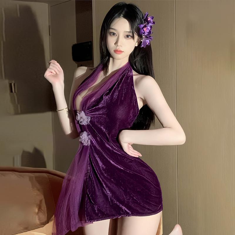 Sexy Lingerie Purple Velvet Slit Cheongsam Pure Desire Uniform Women Pajamas Set