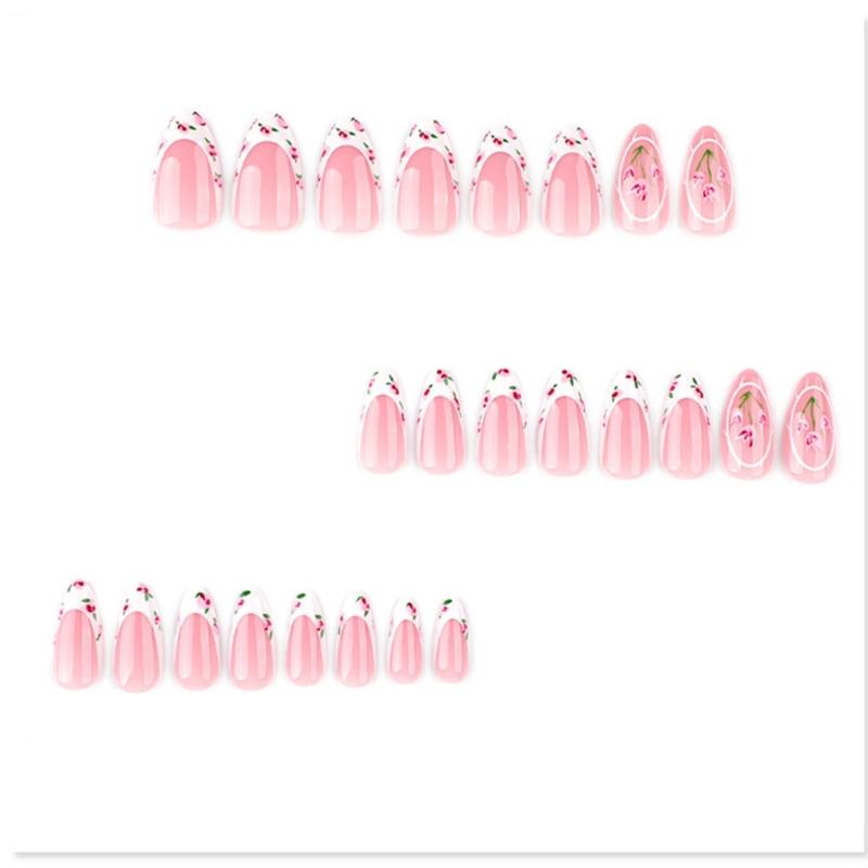 24 Pcs Almond Shape Press On Nail French Tip Acrylic False Nail Glossy Artificial Nail Flowers Stick On Nail for Party