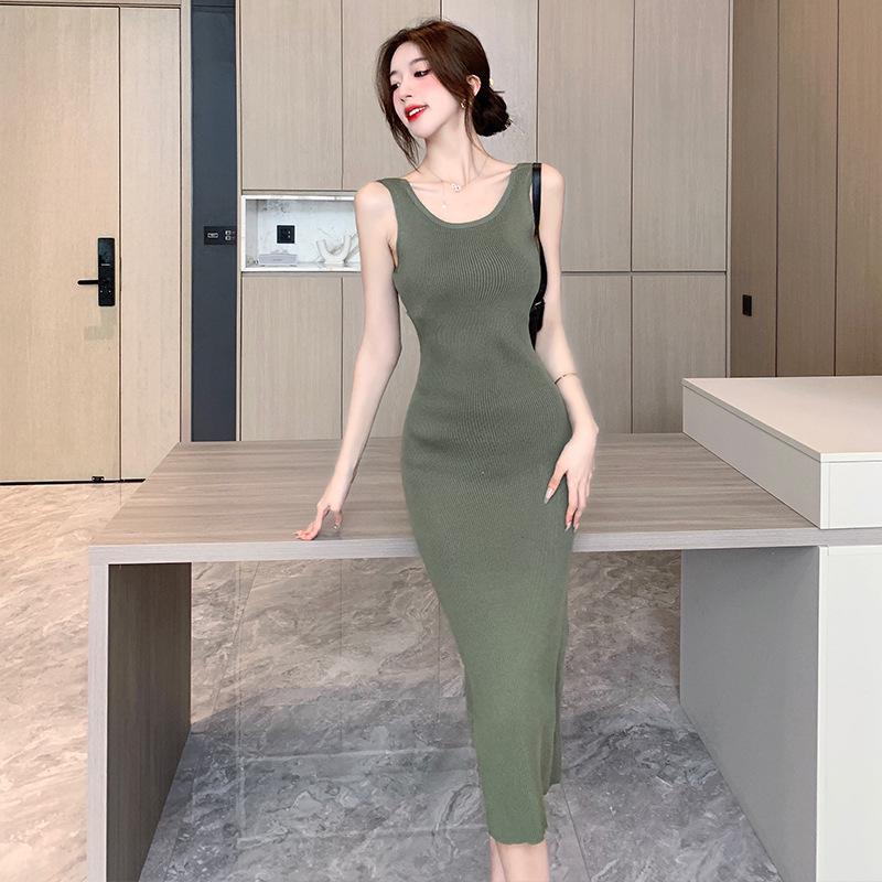 2026 Summer Korean Style Women's Sleeveless Backless Knit Slim Fit Long Dress