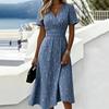 Women's Floral Print V Neck Maxi Dress Short Sleeve Wrap Waist Split A Line Casual Midi Dress