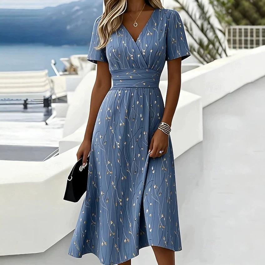 Women's Floral Print V Neck Maxi Dress Short Sleeve Wrap Waist Split A Line Casual Midi Dress