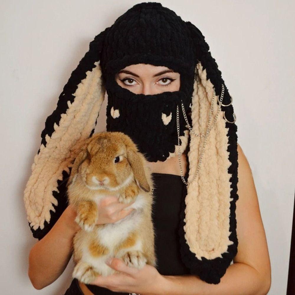 Warm Knitted Hat Fluffy Bunny Ears Hat New Beanie Long Ear Hat  Women