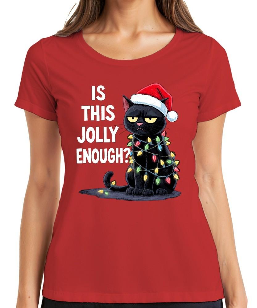 Is This Jolly Enough Christmas Cat Sarcastic Santa Hat Ladies TShirt