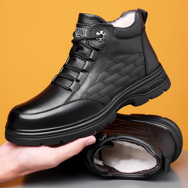 Winter High-Top Men's Genuine Leather Wool-Lined Shoes - Warm, Cold-Resistant, Slip-Resistant, and Lace-up for Business Casual Wear.