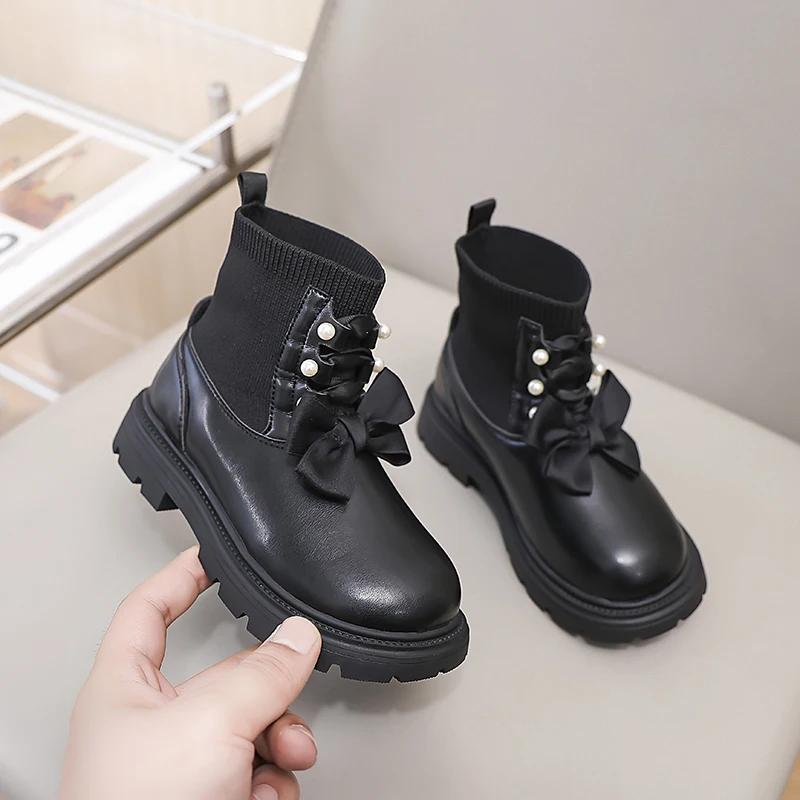 Chic Sweet Girls Princess Boots Elegant Bowknot Children's Fashion Boots Lolita Style Kids Versatile Ankle Socks Boots Versatile