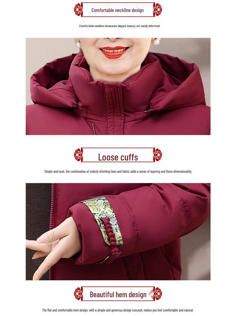 Stylish Hooded Cotton-Padded Jacket for Middle-Aged & Elderly Women: Warm, Fleece-Lined Winter Coat