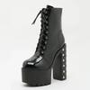 Eilyken Winter Designer Rivet Patent Leather Zipper Women Ankle Boots Platform Round Toe Square Heels Shoes Botines De Mujeres