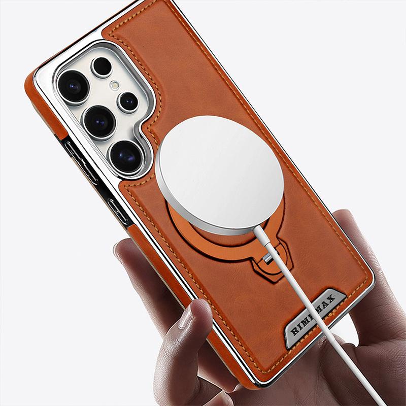 Magnetic Rotating Bracket Luxury Leather Phone Case For For Samsung Galaxy S23 S24 S25 Ultra Plus Wireless Charging Shockproof Cover
