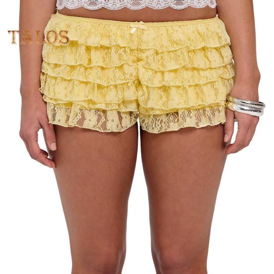 Women Summer Shorts Multi-layered Scattered Hem Ruffle Lace Trim Beach Shorts Lolita Style High Waist Ultra-short Shorts Daily Wear Sleep Shorts