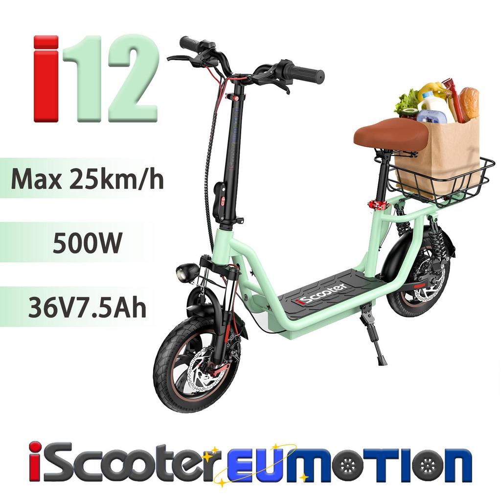 iScooter i12 City Commuter Electric Scooter for Adults 500W 36V7.5Ah Road E-Scooter 12" Large Wheel 25km/h Legal E-Scooter with Rear Basket & Seat