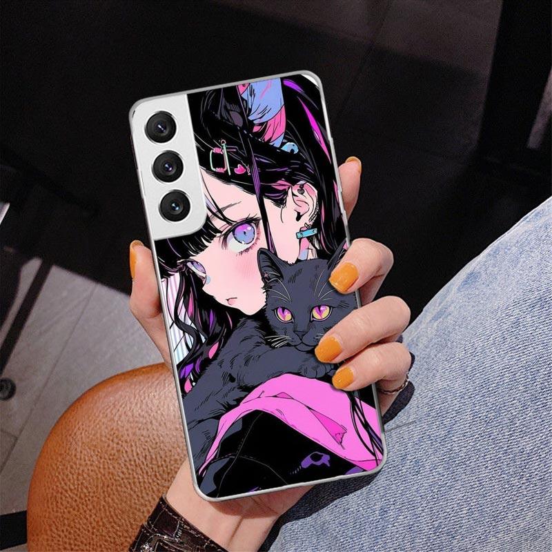 Anime Girls Cute Black Cat Phone Case For Samsung Galaxy S24 S25 Edge S26 Ultra S23 S22 S21 Plus S20 FE + Personalized Print Cov