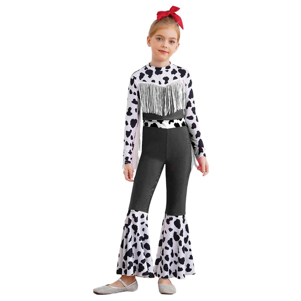 Kids Western Cowboy Costume Long Sleeve High Waist Bodysuit Fringe Cow Print Flared Jumpsuit Halloween Outfit
