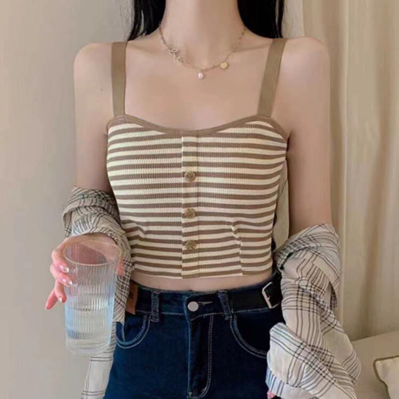 Fixed cup striped female slim slim inner top knitted one-piece with chest pad sling vest