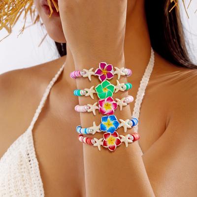 Summer Seaside Dopamine Vacation Style Soft Clay Plumeria and Starfish Beaded Woven Bracelet