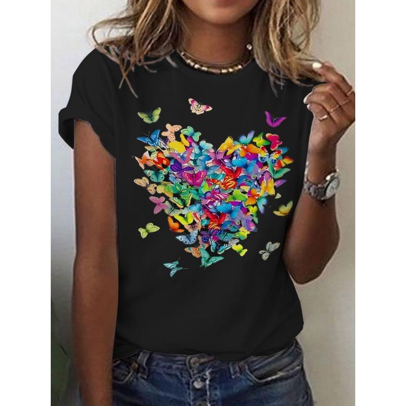 Summer Round Neck 3D Butterfly Print Top Fashionable Casual Short Sleeved Women's T-shirts