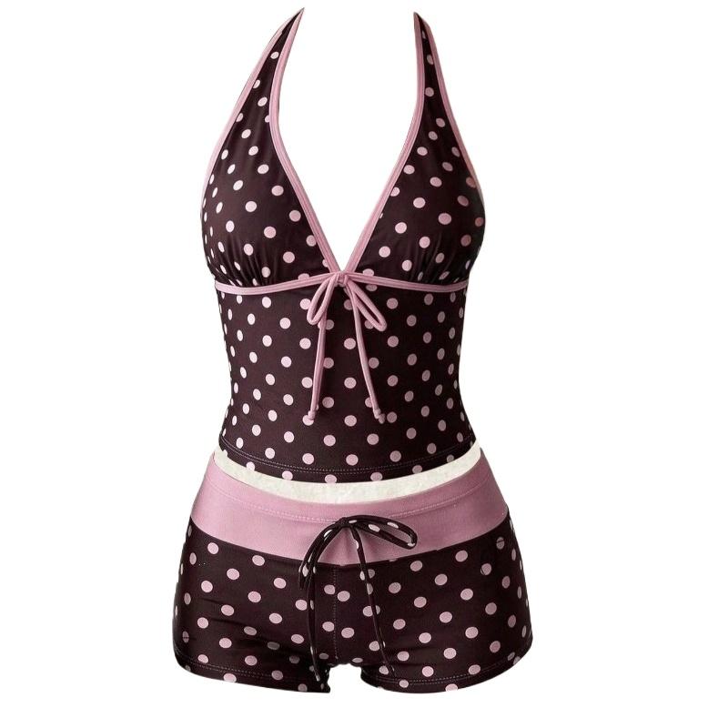 Dames Badkleding Stippen 2-delige Tankini Set Halter V-hals Voorkant Knoopband Cami Top & Contrasterende Tailleband Trekkoord Zwembroek