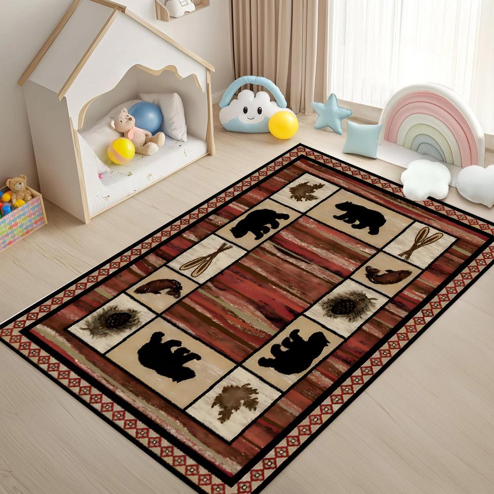 Tappeto Patchwork Foresta Vintage con Motivo Alce Orso Pesce Tappetino Morbido Antiscivolo per Soggiorno Camera da Letto Decorazione per la Casa