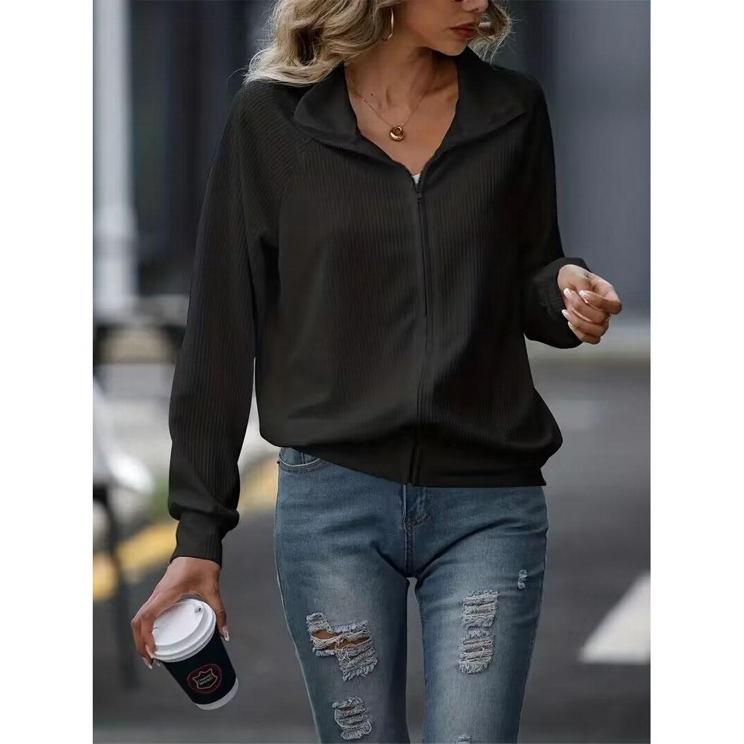 Women s Lapel Loose Zip Up Knit Sweatshirts Solid Color Zipper Front Jacket Women s Clothing XS чёрный 2190₽