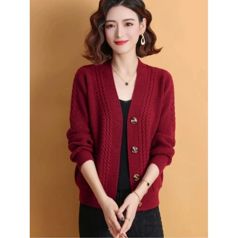 Women's Autumn Loose and Thick Knitted Cardigan, Middle-aged Mother's Simple and Elegant Sweater Jacket