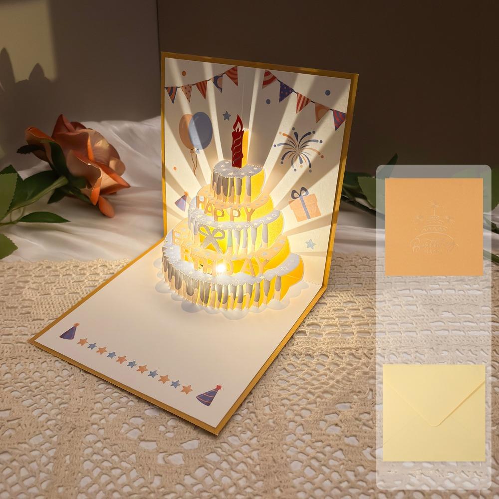 Alles Gute zum Geburtstag 3D Musik Leuchtende Karten mit Umschlag Musik Licht Leuchtender Kuchen Grußkarte Faltbare Pop-Up Geburtstagskarten